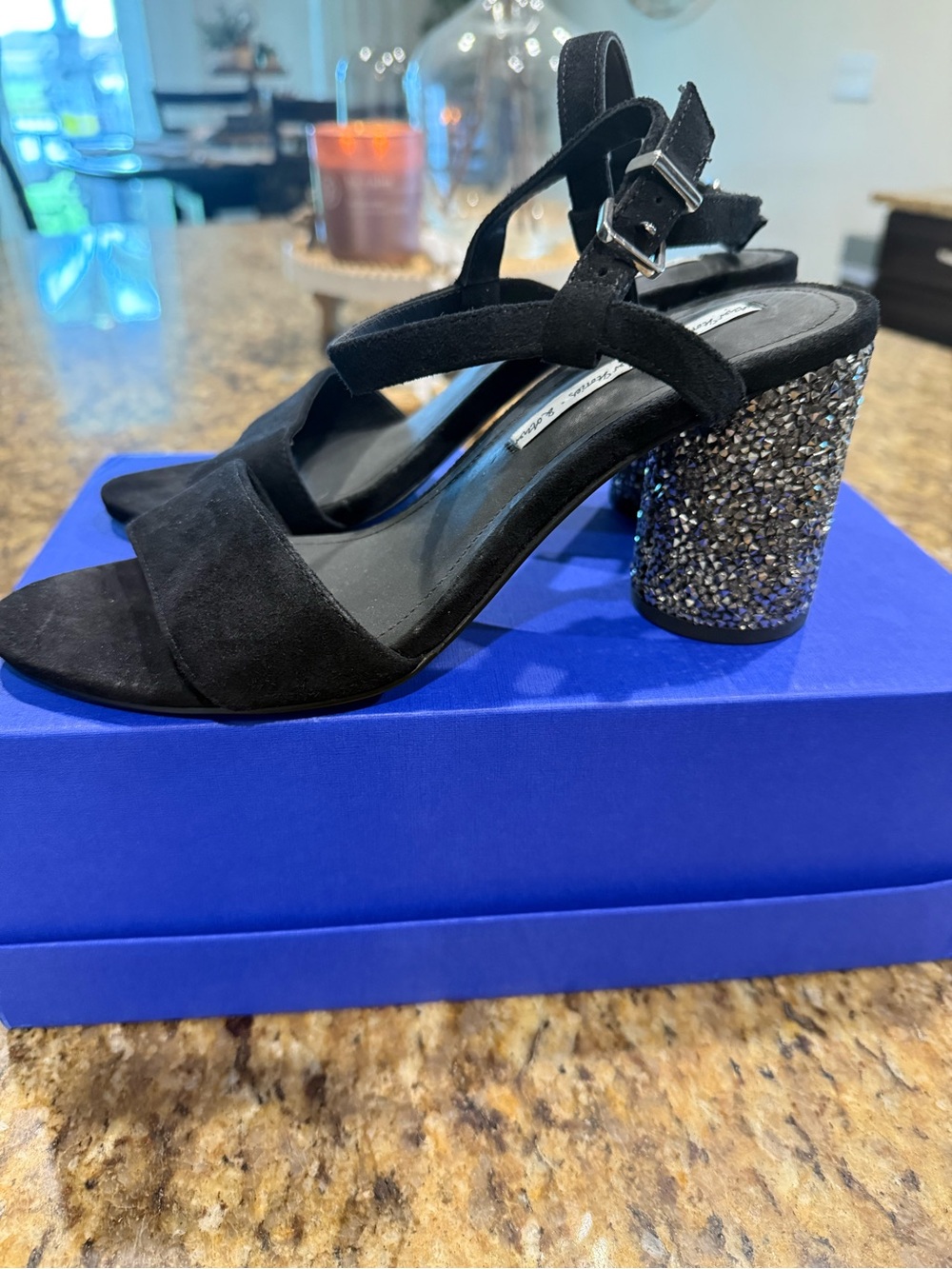 & Other Stories Black Suede Strappy Heels with Glitter Block Heel